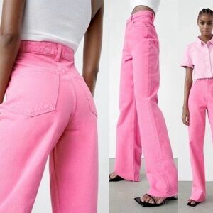 Zara Wide Leg Pink Denim Pants